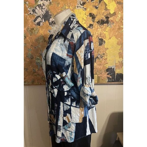 Dorman Art to Wear Womens XL Blue Tone Geometric Pattern Button Front Shirt - Picture 2 of 7